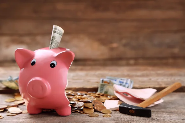 Broken piggy bank with cash