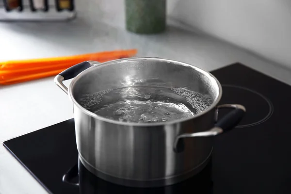 Boiling water in pan on electric stove