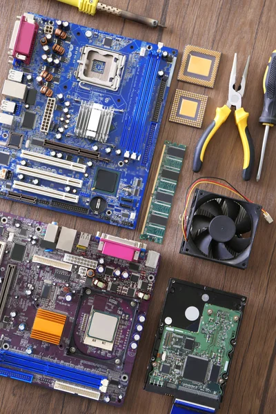 Electronic circuits on wooden table