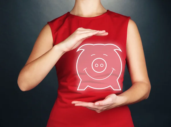 Female hands with virtual piggy bank