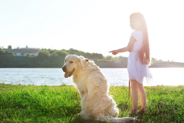 Little girl and big kind dog