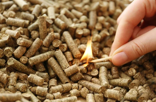 Hand with burning match on solid pellets