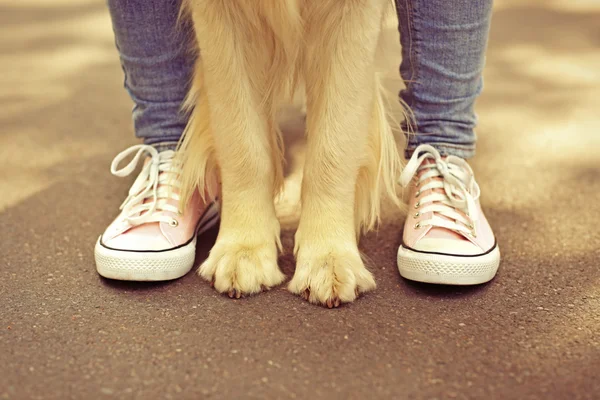 Boy and his dog on street