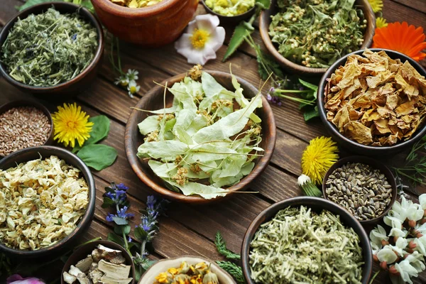 Herb selection and fresh flowers in bowls