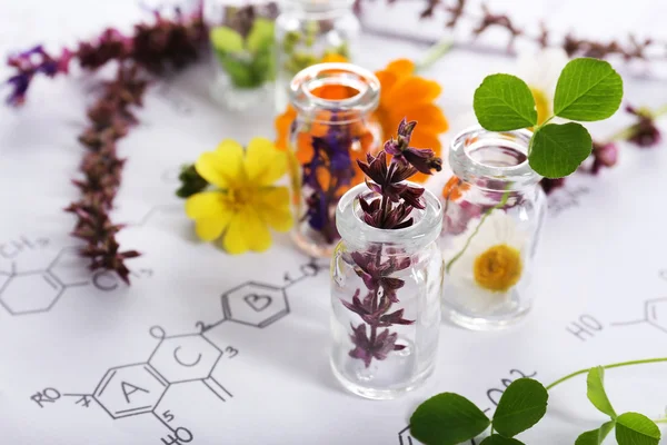 Healing flowers in glass bottles