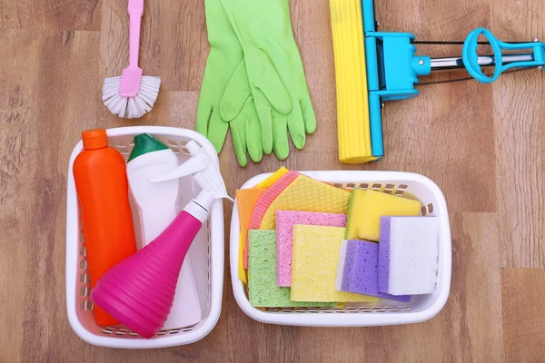 Collection of cleaning products and tools