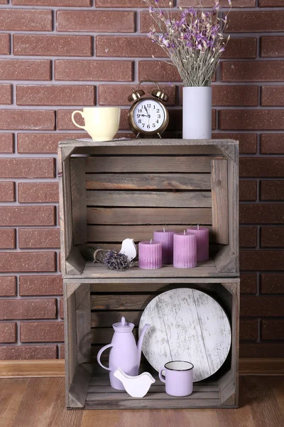 Shelves made of wooden boxes