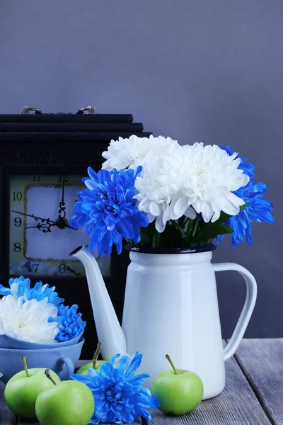 Composition of white and blue chrysanthemum close-up