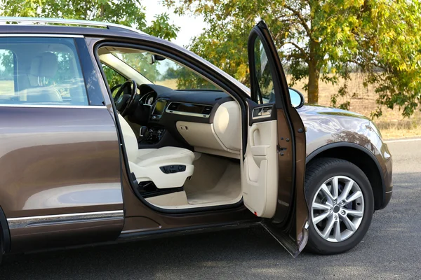 Modern car with open door, outdoors