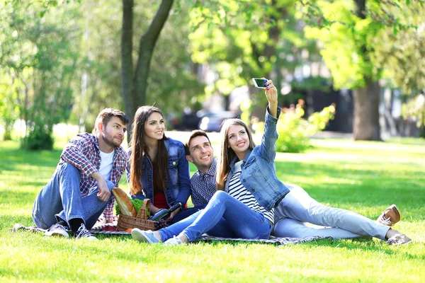 Happy friends on picnic in park