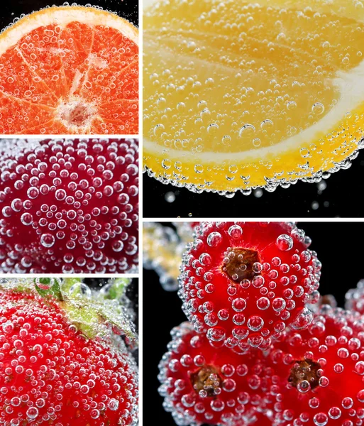 Collage of fruit and berries in water with bubbles on black background