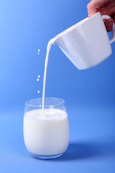 Pours milk in glass on blue background
