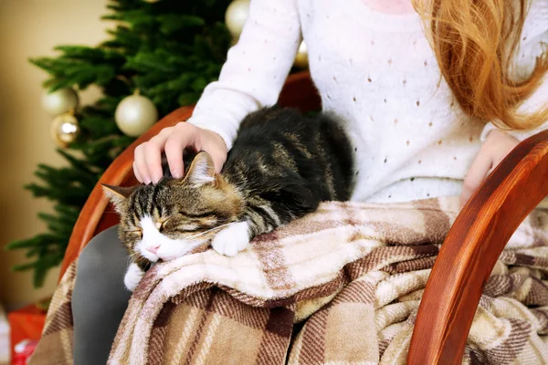 Woman and cute cat sitting on rocking chair in the front of the Christmas tree