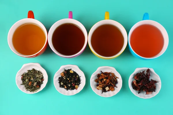 Assortment of tea on color background