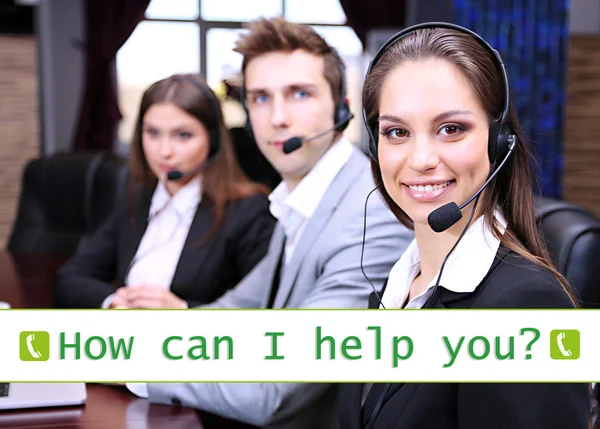 Call center operators and How can I help you? text