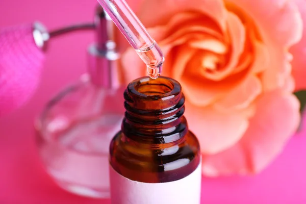 Dropper bottle of perfume with rose on pink background