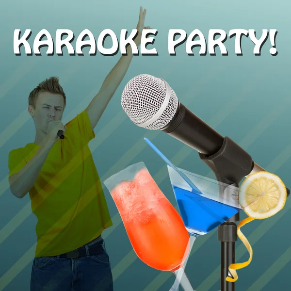 Microphone and cocktails on singing man background, Karaoke party concept