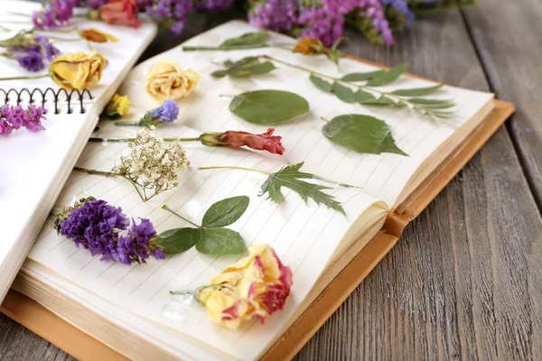 Composition with flowers and dry up plants on notebooks on table close up