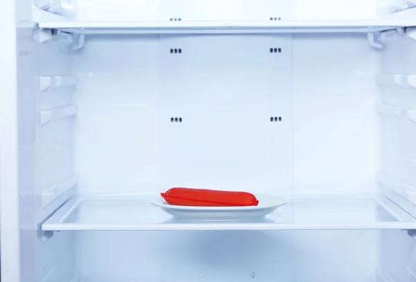 Single sausage on plate in refrigerator close up