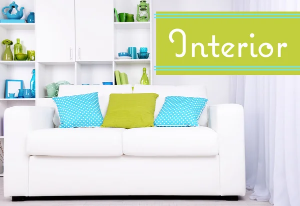 Modern interior design. White living room with sofa and bookcase. Interior concept