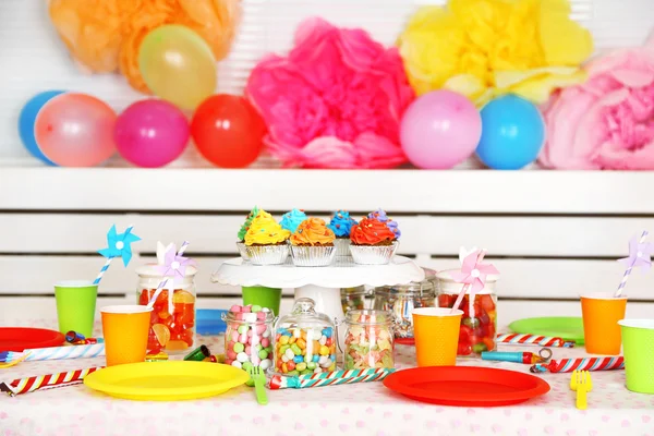 Prepared birthday table with sweets for children party