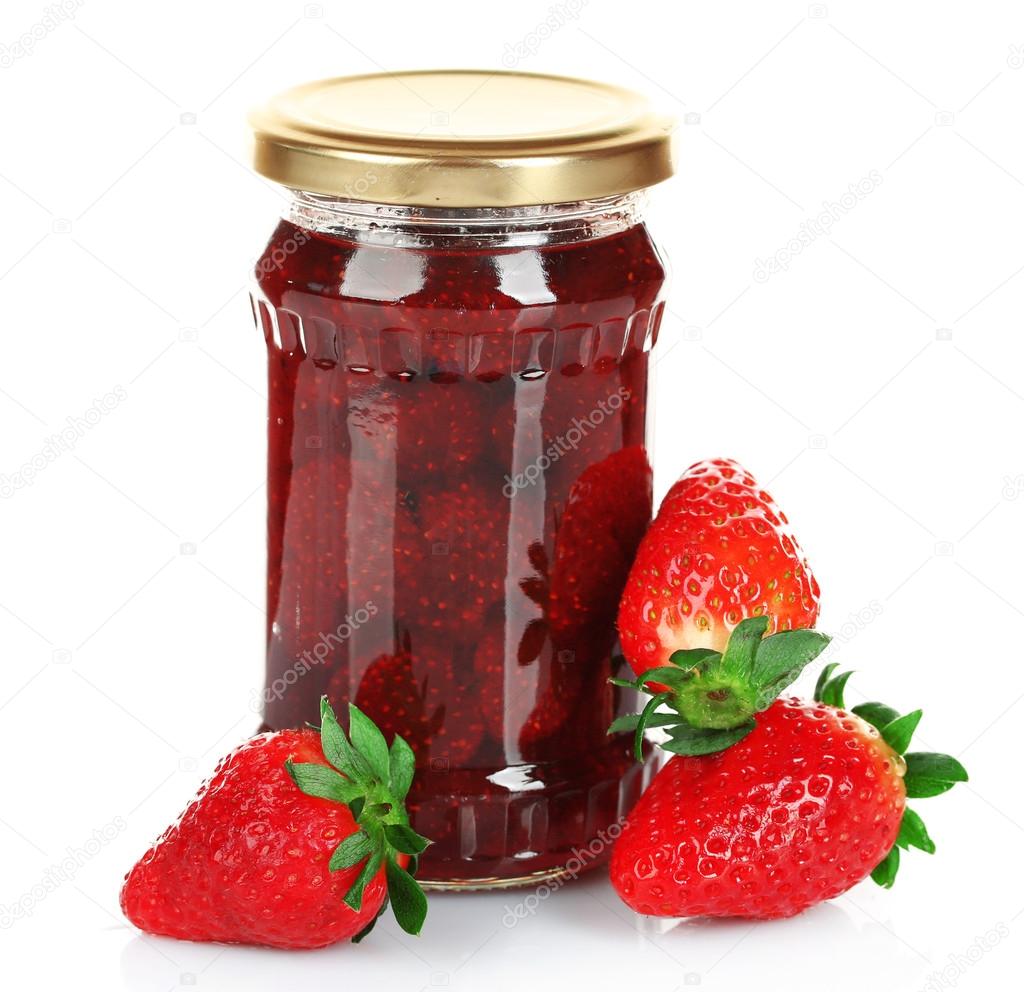 Jar of strawberry jam with berries isolated on white — Stock Photo