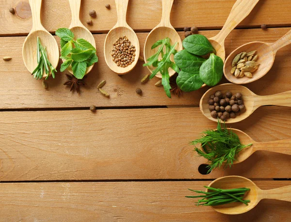 Wooden spoons with fresh herbs