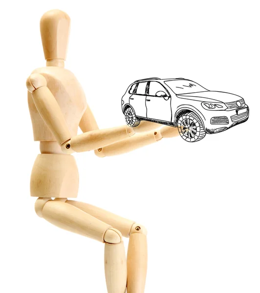 Wooden mannequin with car sketch project