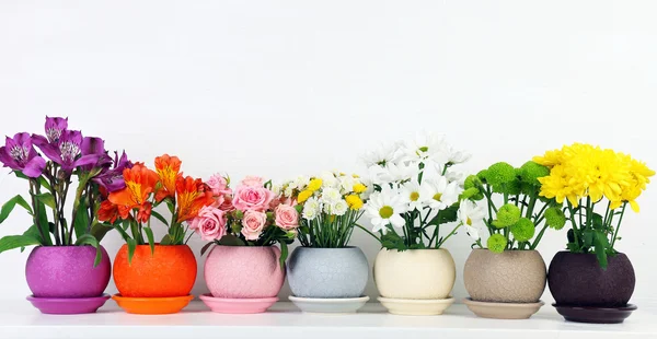 Beautiful flowers in pots on shelf