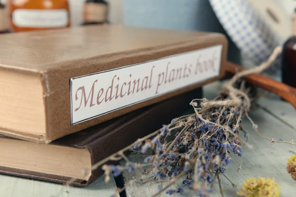 Medicinal plants book with dried herbs on table close up