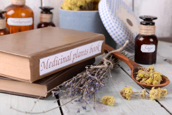 Medicinal plants book with dried herbs