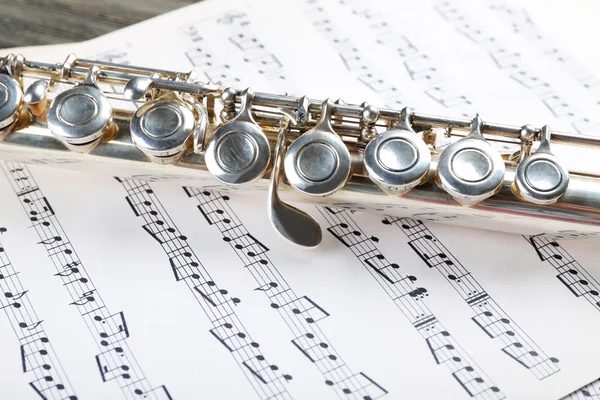 Silver flute on music notes background