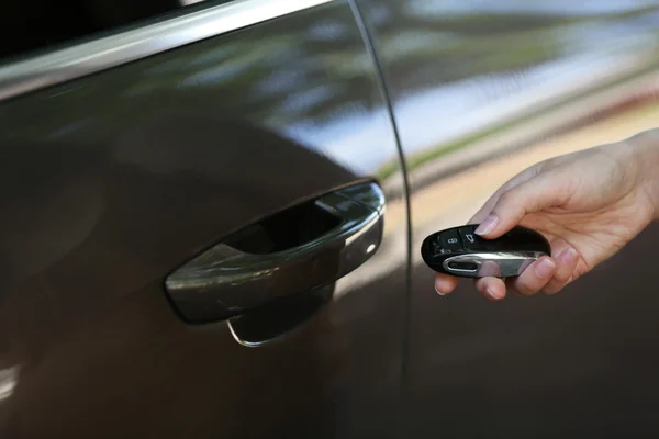 Hand presses on remote control car alarm systems