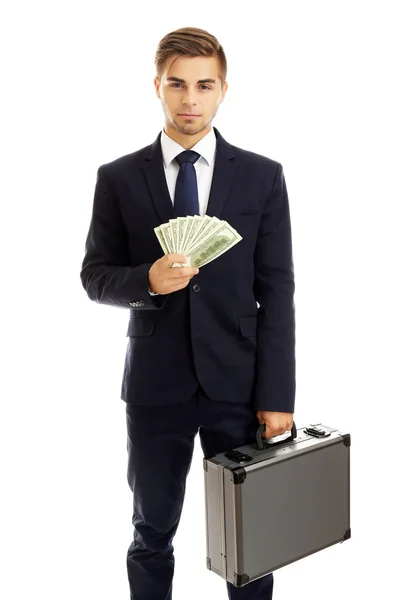 Elegant man holding case with money isolated on white