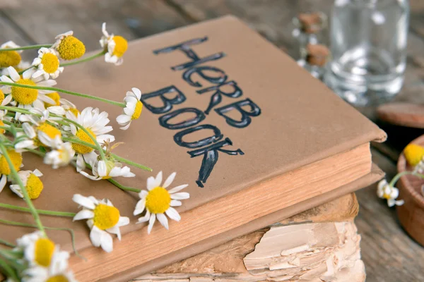 Old book with dry flowers on table close up
