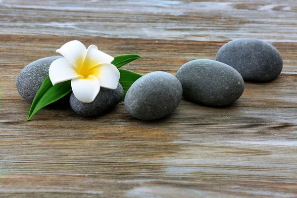 Spa stones with flower on wooden background