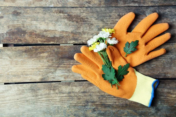 Beautiful composition of flower and garden gloves on wooden background