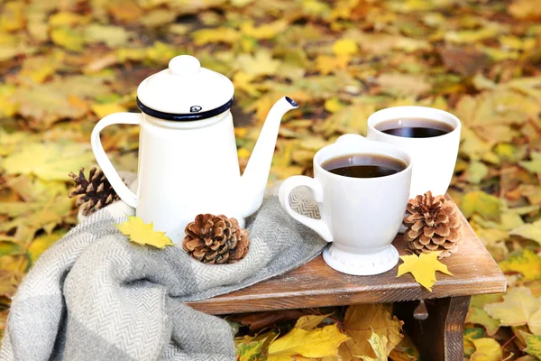 Autumn composition with hot beverage on nature background