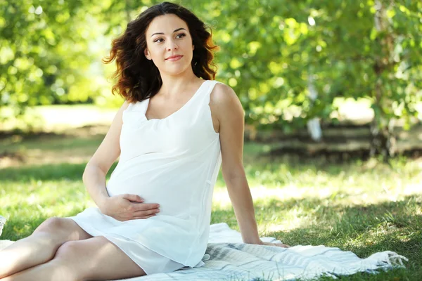 Pregnant woman on blanket in the park