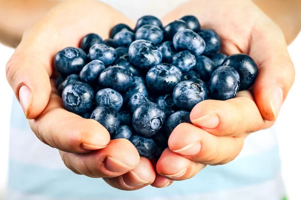 Female hand holding tasty ripe blueberries