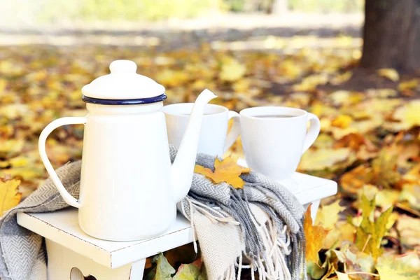 Autumn composition with hot beverage