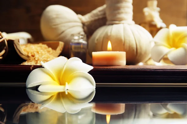 Relax composition on the table against wooden background, close up