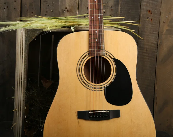 Acoustic guitar against box with hay on wooden background,, close up