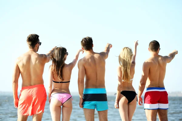 Back view of friends standing at beach