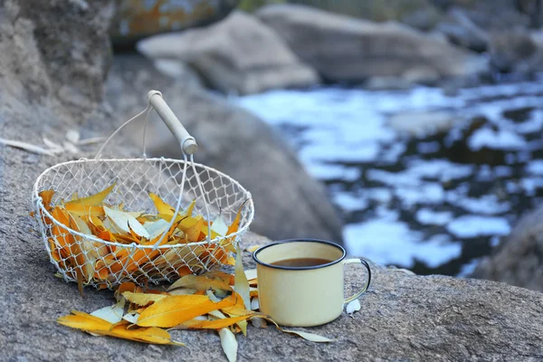 Basket with golden leaves and mug on rock in the forest, close up