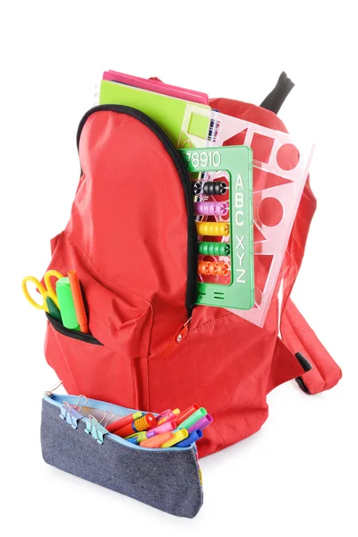 Red backpack with colourful stationary