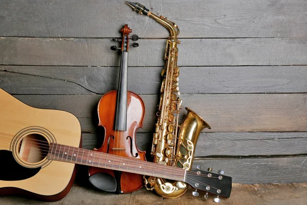 Musical instruments on wooden
