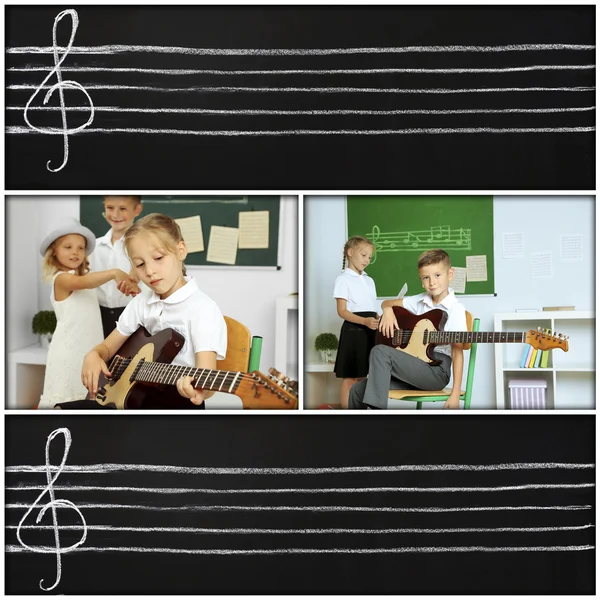 Collage with pupils having music lesson