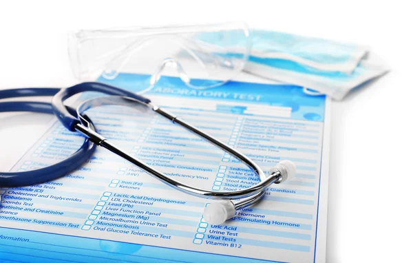 Stethoscope, medical mask and laboratory lists
