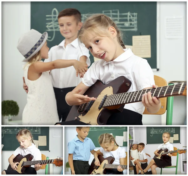 Collage with pupils having music lesson